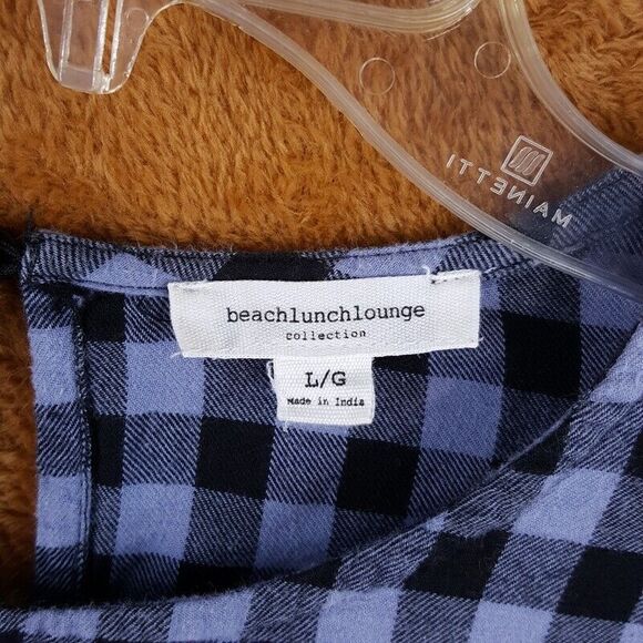 BEACH LUNCH LOUNGE Womens Top Large Blue Plaid Pullover Flannel Bell Sleeve - Picture 2 of 9